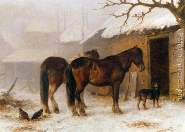 Horses in a Snow Covered Farm Yard painting - Wouterus Verschuur Jr Horses in a Snow Covered Farm Yard art painting
